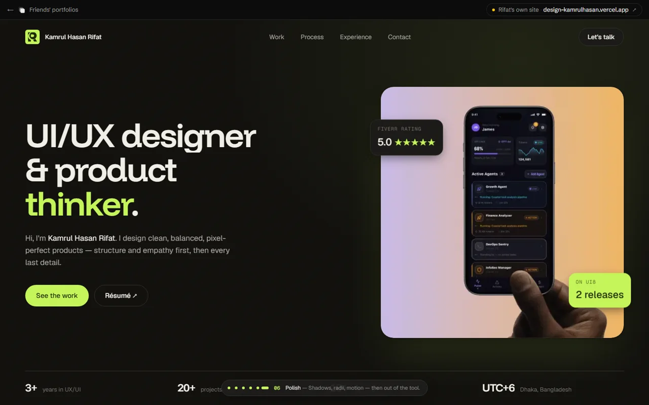 Kamrul Hasan Rifat's finished portfolio hero at the polish stage, with his UI and UX designer introduction beside an AI agent mobile interface
