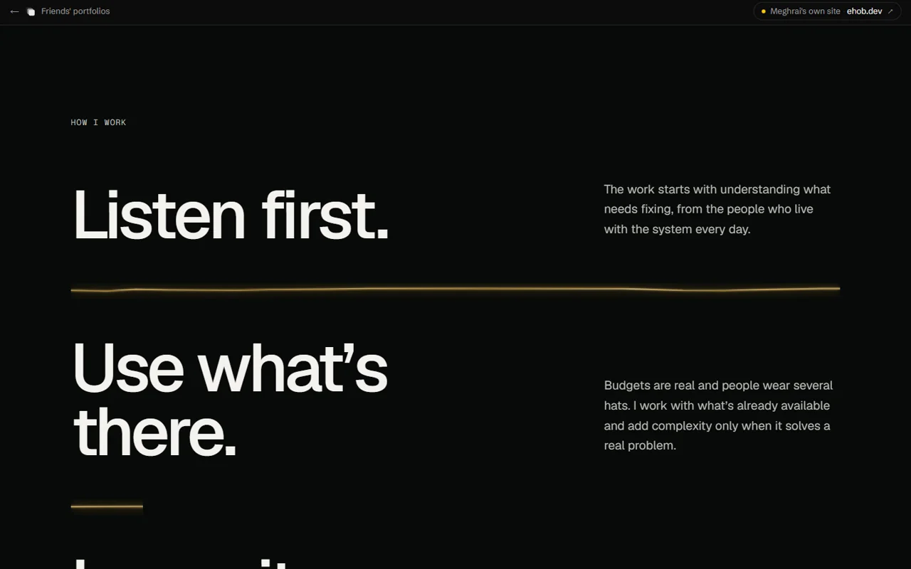 Meghrai Tudu's how I work section with the principles listen first and use what is there separated by a gold seam