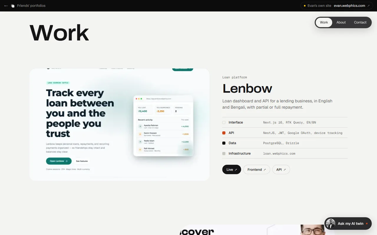 Tajbin Khan Evan's work section showing the Lenbow project and its interface, API, data, and infrastructure layers