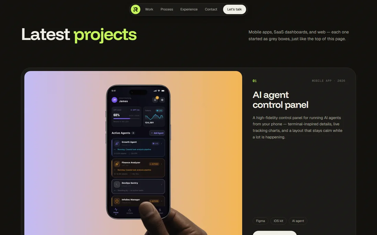 Kamrul Hasan Rifat's latest projects section showing an AI agent control panel case study